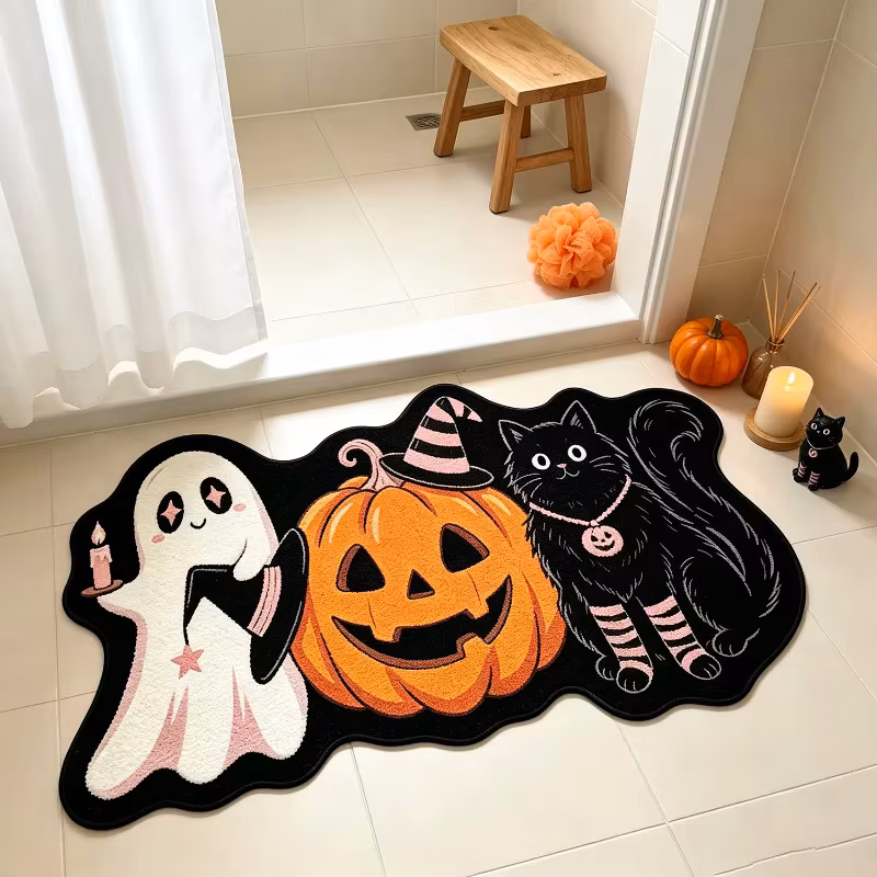 Tapis d'entrée Halloween à motif fantôme, citrouille et chat noir