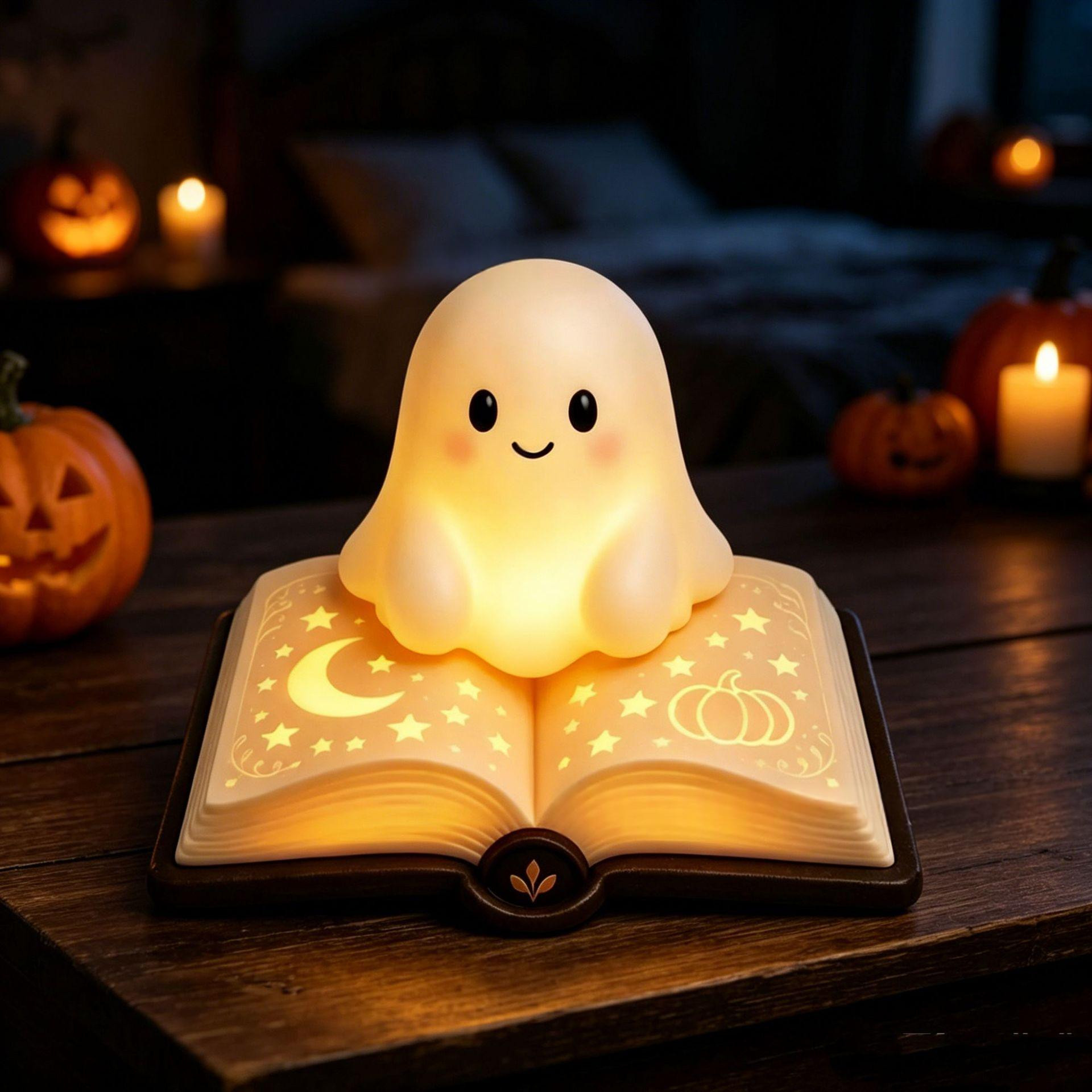 Veilleuse en forme de livre magique ouvert avec un fantôme lumineux